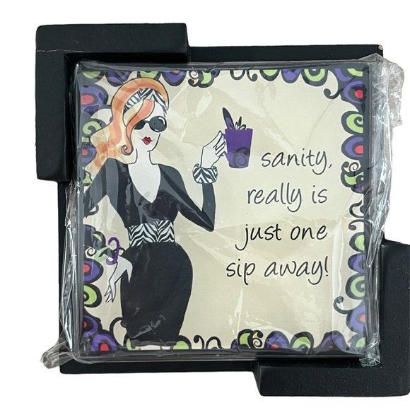 New Set of 4 Fashionista Cocktails Glass Coasters with Wooden Caddy! - Picture 4 of 4